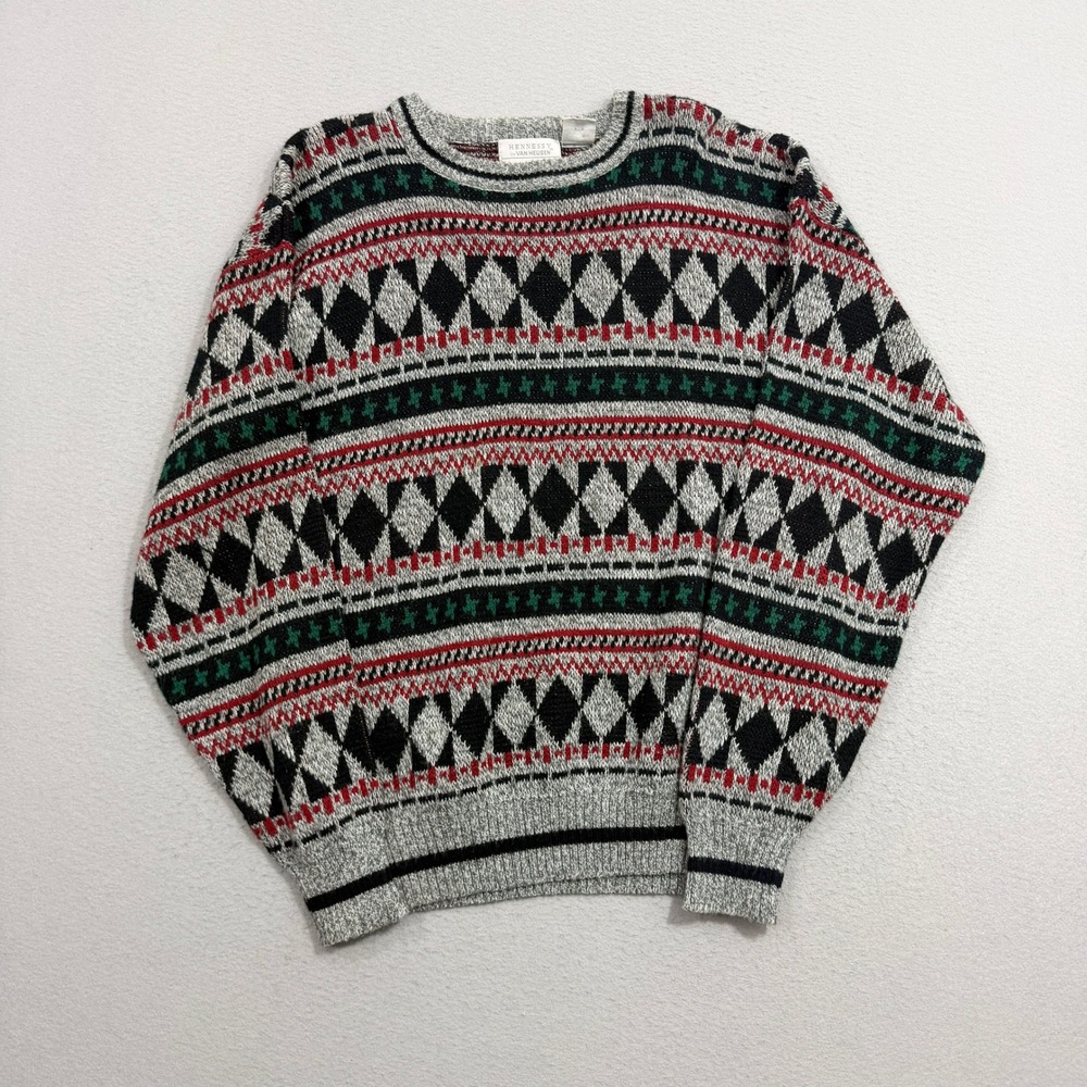 Vintage Hennessy by Van Heusen Sweater Large Tall Gray Fair Isle Geometric Knit